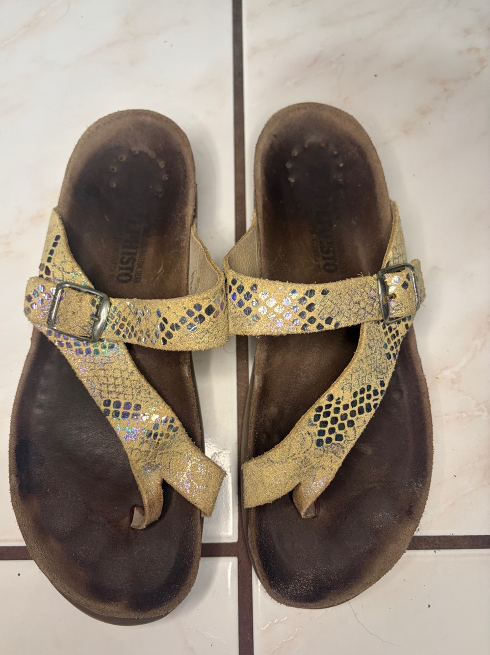 Mephisto Gold Snake-Print Leather Thong Sandals